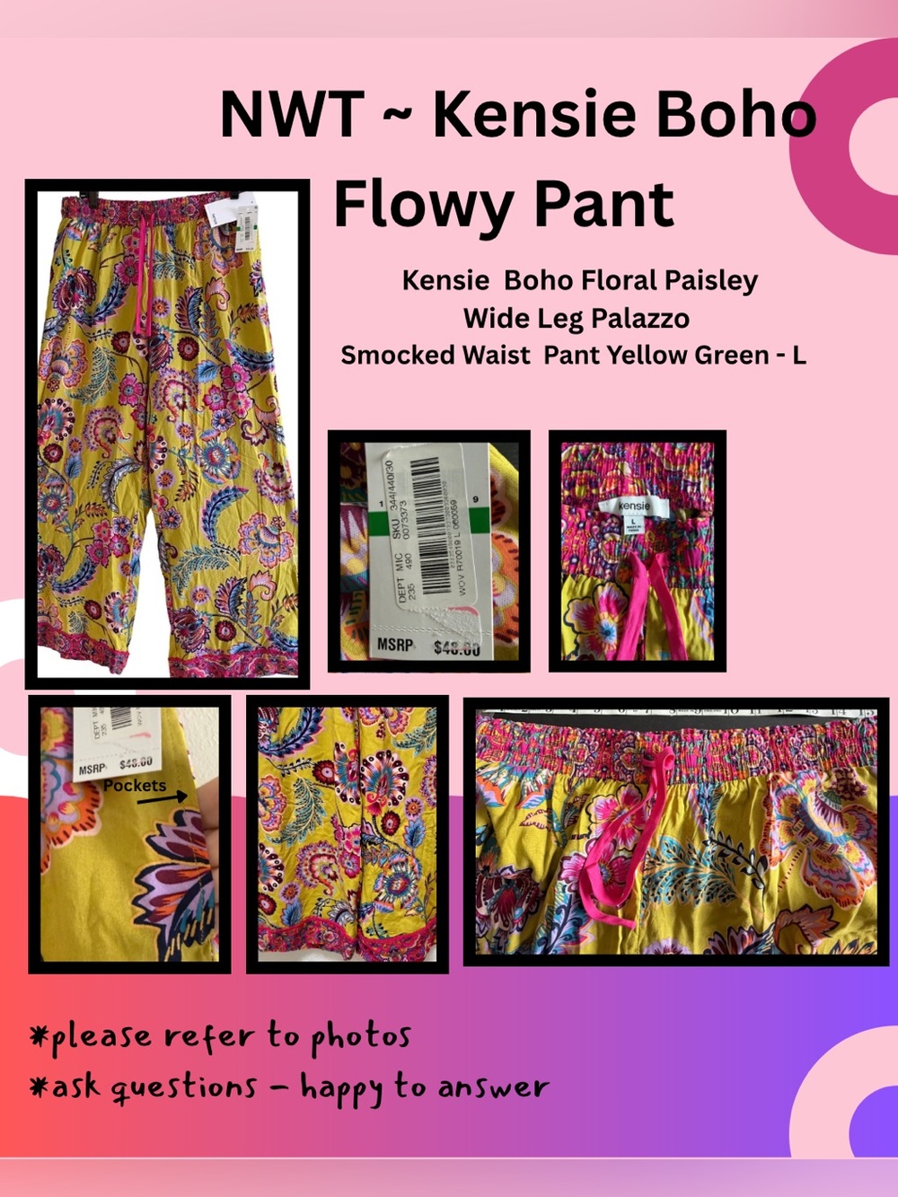 NWT Kensie Yellow green Floral Paisley Wide Leg elastic Waist Pant Boho- Large
